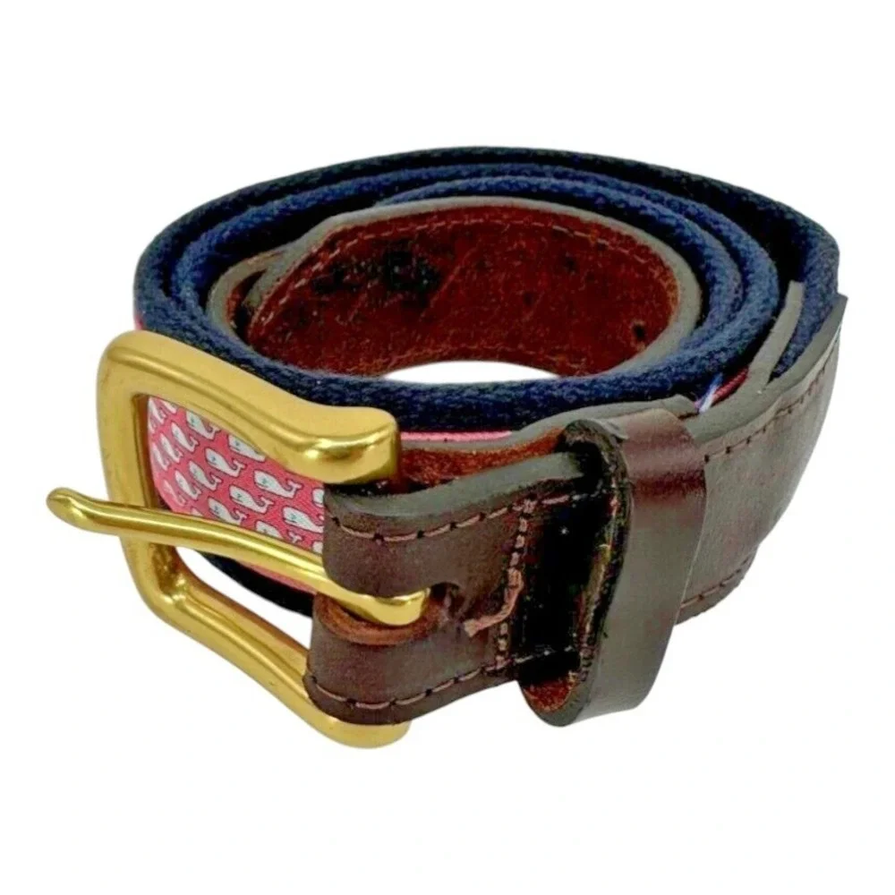 Vineyard Vines Men's Blue Woven Cotton Pink Canvas Whale Logo Golf Belt Size S/M